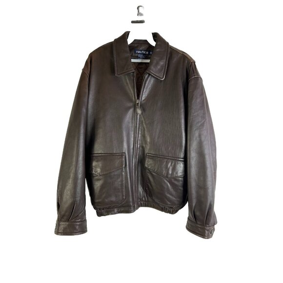 Vintage 90s Nautica Leather Insulated Collared Bomber Flight Jacket Coat